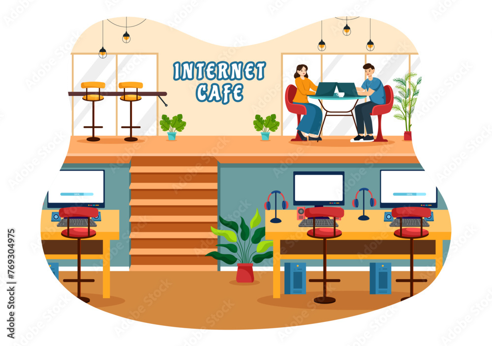 Internet Cafe Vector Illustration with Building for Young People Playing Games, Workplace use a Laptop, Talking and Drinking in Flat Background