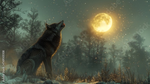 Carnivore wolf howling under the night sky in a video game atmosphere