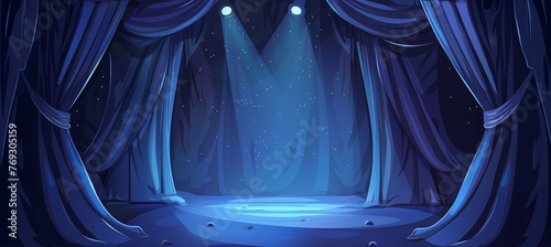 Dark blue theater curtains with spotlight on stage, theatrical drapery template