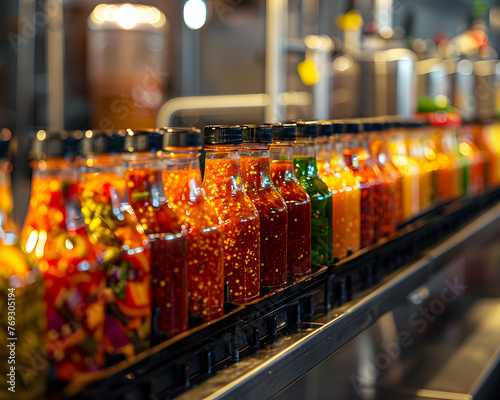 Assorted Spicy Sauces in Production Line Bottling