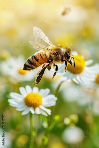 Bee flying over daisies in meadow, close up