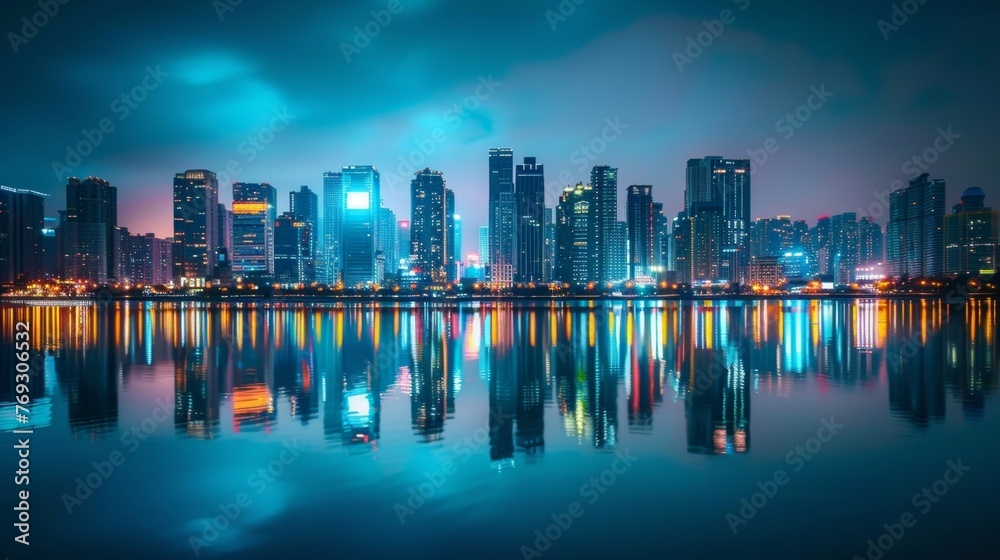 The dazzling lights of the city are mirrored in a calm reflective lake highlighting the beauty and complexity of modern urban design.