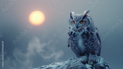 Owl perches on rock under full moon, feathers glistening in moonlight