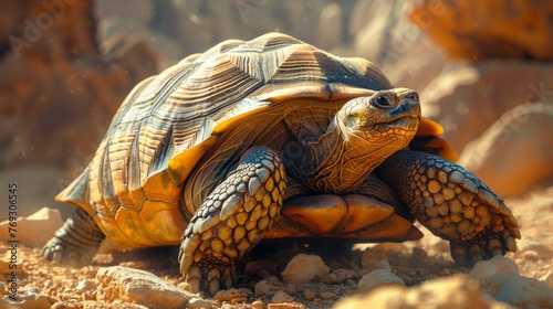 A Chelonoidis turtle crawls in the desert, a terrestrial event in nature