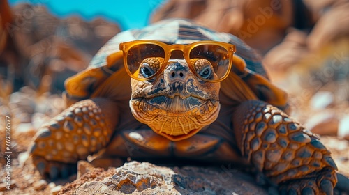 A stylish reptile with sunglasses, a turtle, lounges on a rock