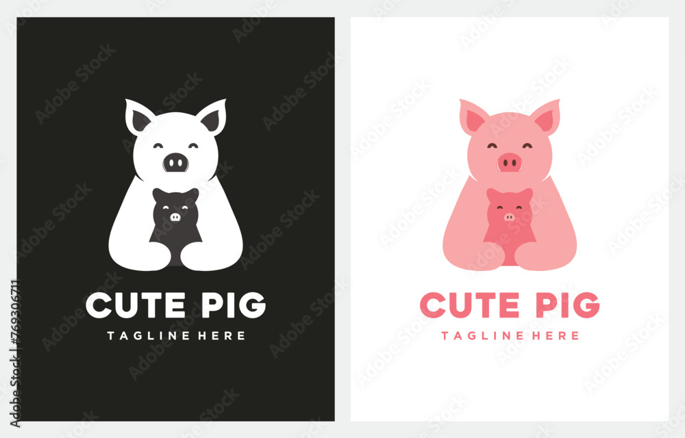 Fototapeta premium Pig Pork Mother and Baby Pig Cute Pig logo design vector