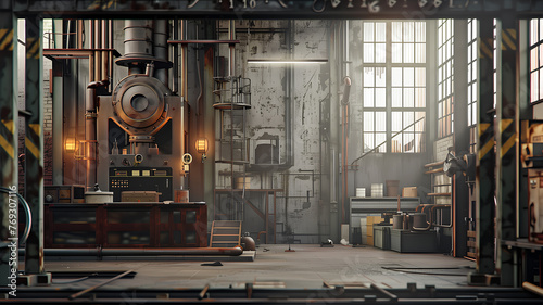A large industrial space with a lot of machinery and a lot of windows. Scene is industrial and somewhat bleak