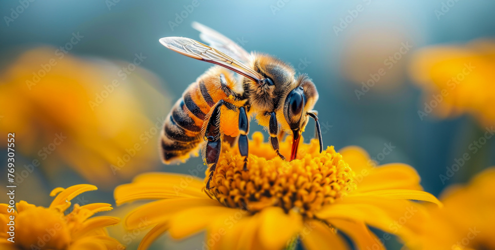 Close-up of a honeybee pollinating a vibrant yellow flower Close-up of a honeybee pollinating a vibrant yellow flower