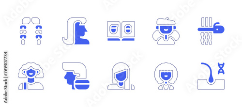 Hair icon set. Duotone style line stroke and bold. Vector illustration. Containing woman, curling iron, hair, hair treatment, hairstyle, avatar, braids.