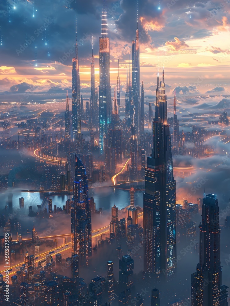 Obraz premium Futuristic Solar-Powered Cityscape with Shimmering Skyscrapers at Dusk