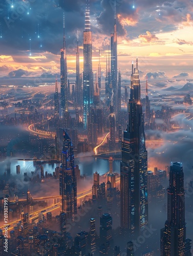 Futuristic Solar-Powered Cityscape with Shimmering Skyscrapers at Dusk