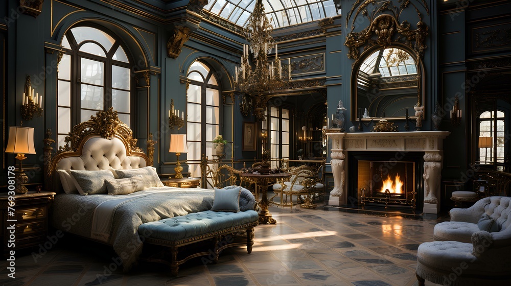 A lavish bedroom with a king-size canopy bed, silk drapes, an ornate fireplace, gilded furniture, and a crystal chandelier. - obrazy, fototapety, plakaty 