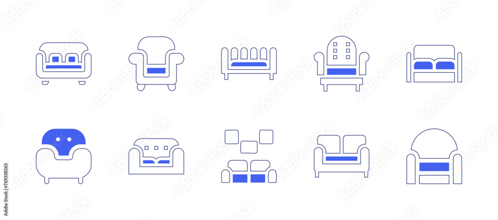 Sofa icon set. Duotone style line stroke and bold. Vector illustration. Containing couch, sofa, armchair.
