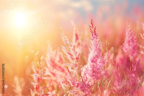 Vibrant Peach-Toned Meadow with Ethereal Sunlight and Lush Grass Blossoms