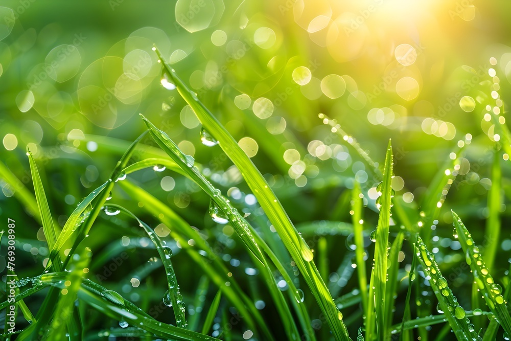 Serene and Vibrant Green Grass with Glistening Dew Drops Bathed in Morning Sunlight