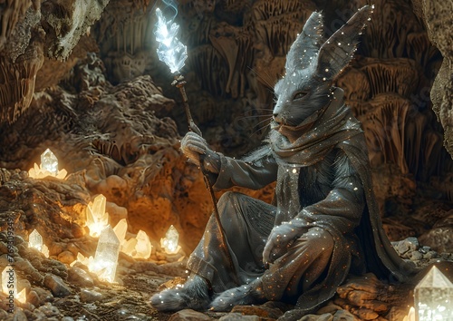 A Fascinating Supernatural Creature Carefully Holding a Pulsating Crystalline Scepter in a Cave Adorned with Glowing Mineral Formations