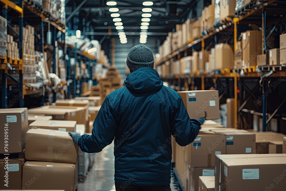 person seen sorting out boxes in factory for delivery 