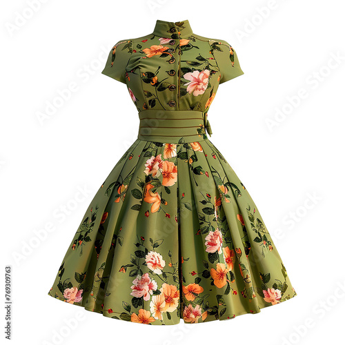Floral patterned retro green dress isolated on transparent background png