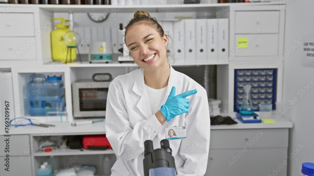 Cheerful young, beautiful hispanic woman, smiling brightly, pointing up with finger and hand while decked out in a scientist uniform at the lab Cheerful young, beautiful hispanic woman, smiling brightly, pointing up with finger and hand while decked out in a scientist uniform at the lab
