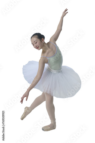 young Japanese ballerina poses in a photo studio with ballet elements showing stretching and plasticity, isolated on transparent background, png