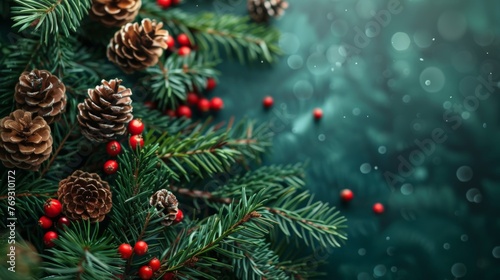 a green christmas background with pine cones and red berries on the branches 