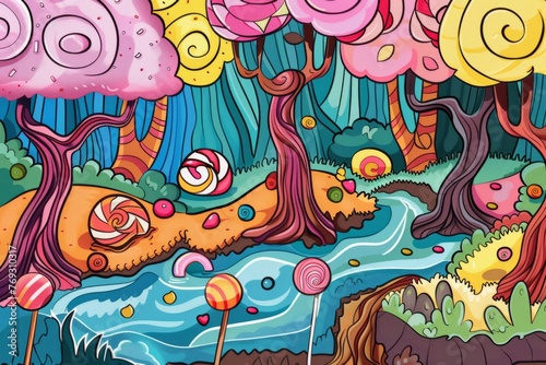 Cartoon cute doodles of a candy forest with lollipop trees, gumdrop bushes, and chocolate rivers flowing through it, Generative AI