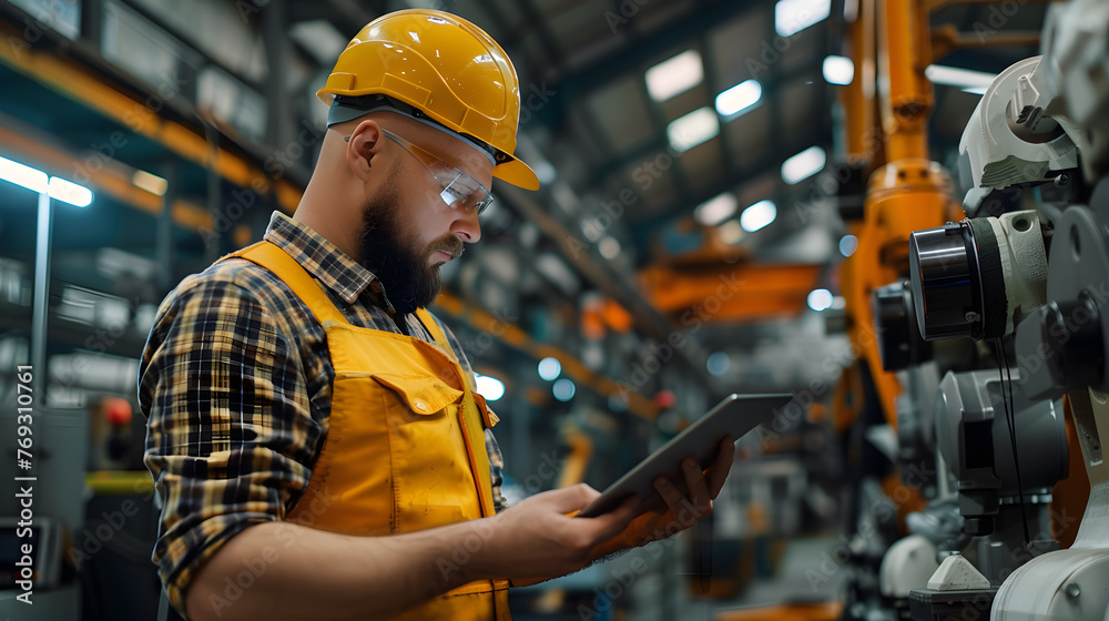 Mechanical engineering has Tablet for controlling machinery in a factory, concept of using technology in industry Mechanical engineering has Tablet for controlling machinery in a factory, concept of using technology in industry