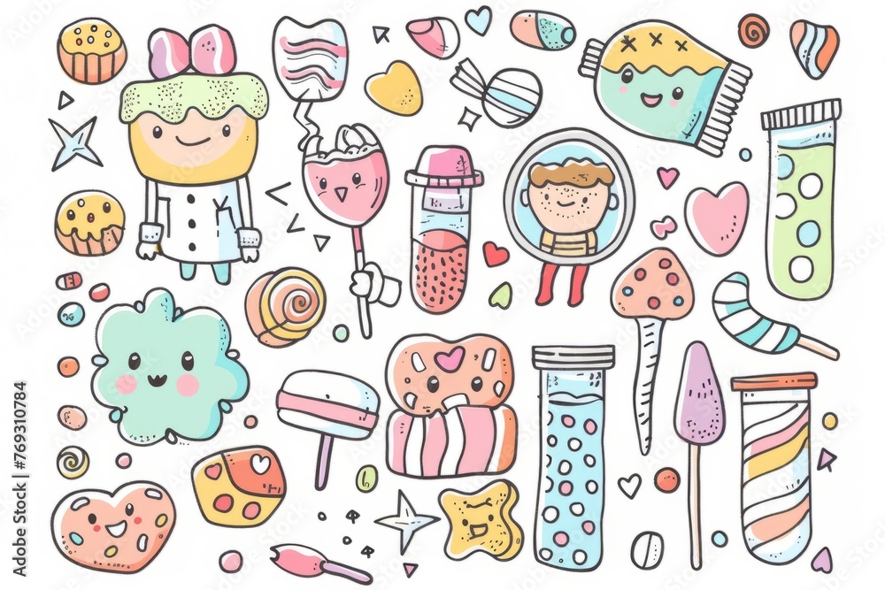 Cartoon cute doodles of a candy hospital where doctors and nurses treat patients with candy bandages, lollipop medicine, and marshmallow pillows, Generative AI
