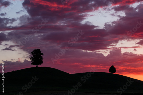 Dramatischer Sonnenuntergang mit rot leuchtenden Wolken. Silhouetten von Bäumen auf sanften Hügeln. Hirzel, Schweiz.