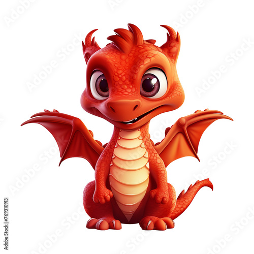 Cute 3d cartoon baby dragon isolated on transparent background