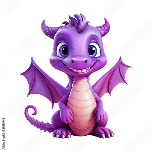 Cute 3d cartoon baby dragon isolated on transparent background