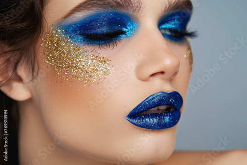 Close-up of a woman with dramatic blue and gold makeup