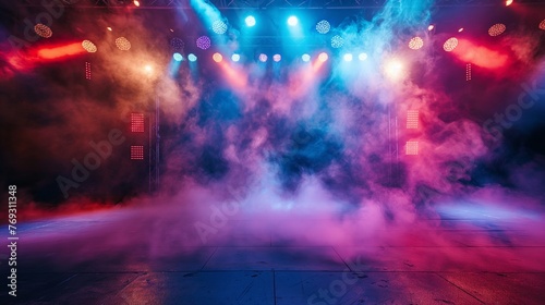 Empty stage with light smoke and neon lights. photo