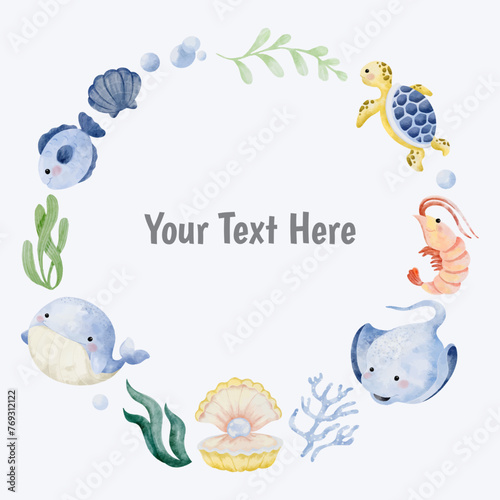 Wreath, background with sea animals vector cartoon watercolor