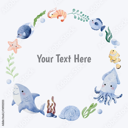 Wreath, background with sea animals vector cartoon watercolor