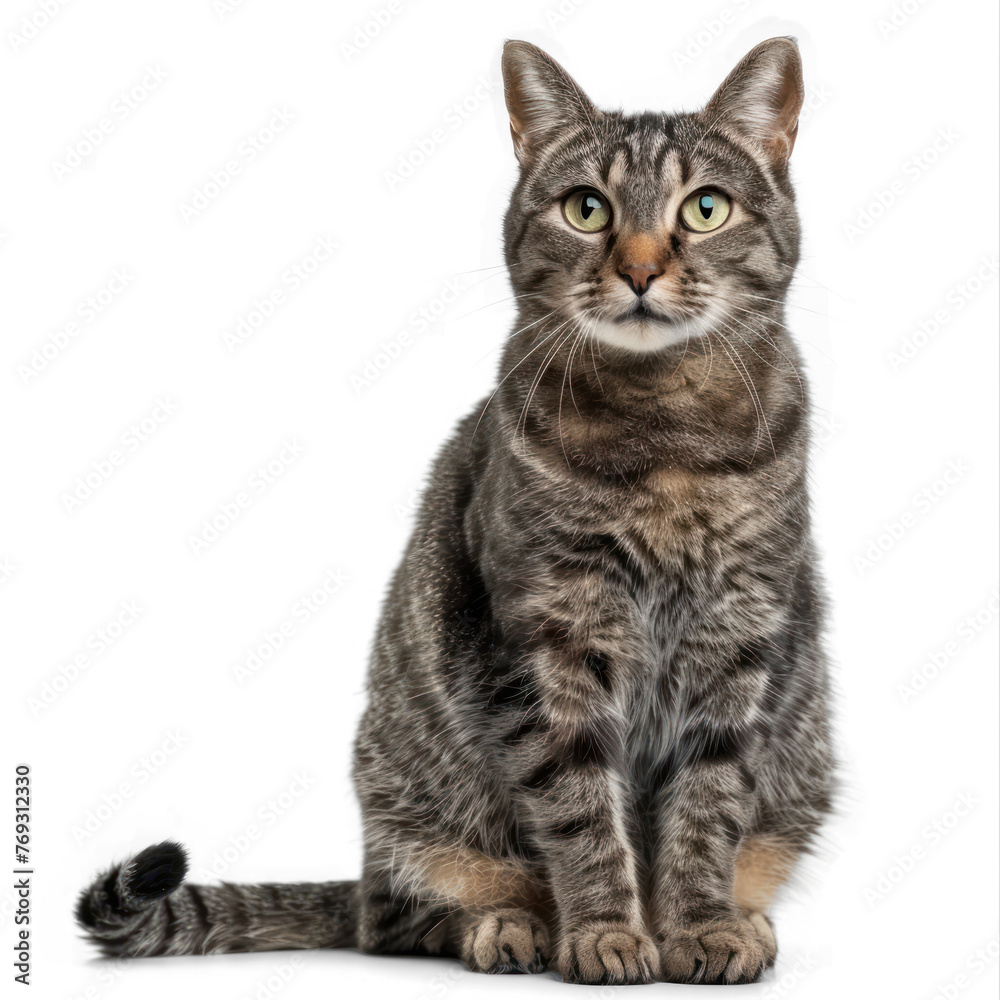 Grey stripped mixed-breed cat sitting on transparency background PNG
