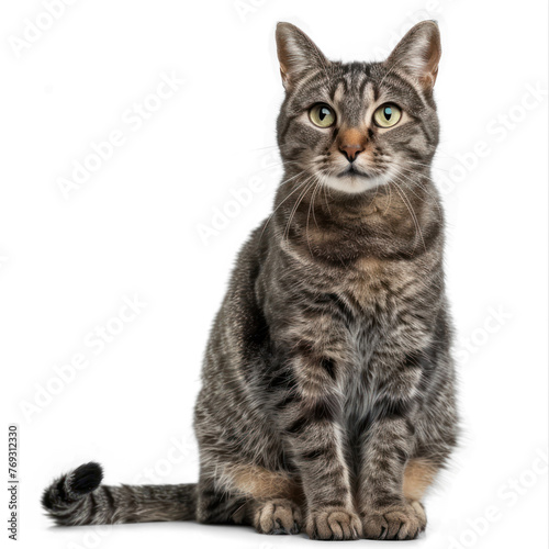 Grey stripped mixed-breed cat sitting on transparency background PNG  © Sim