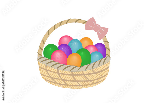 Colorful Eggs are in the basket with ribbon on white background for Easter festivals concept .copy space for your text.