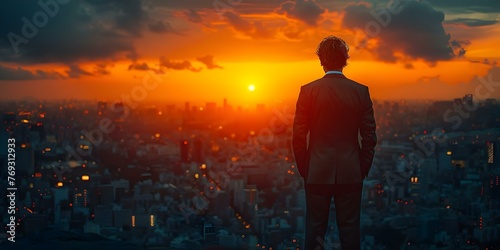 Leader's Success: Businessman Silhouette Standing Confidently in Cityscape. Concept Leadership, Success, Business, Confidence, Cityscape