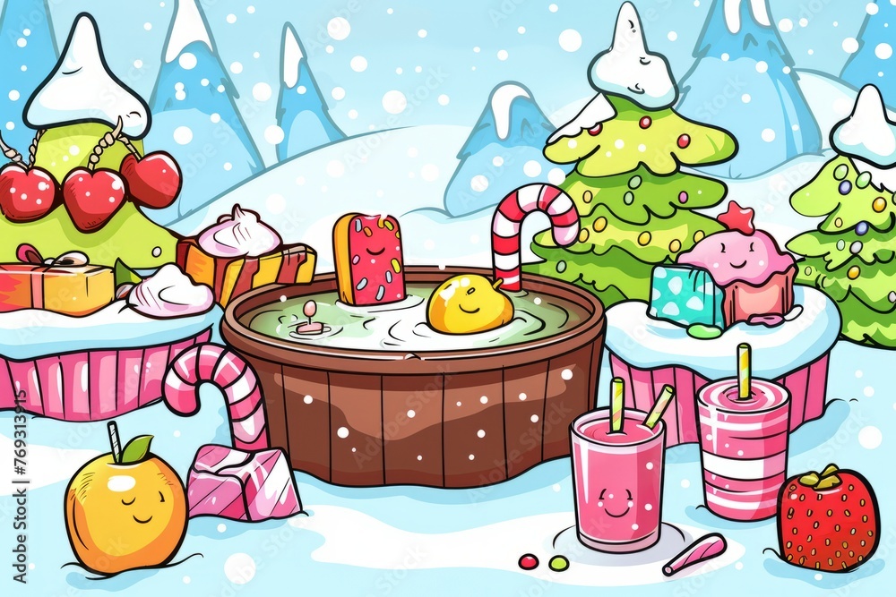 Cartoon cute doodles of a candy spa where guests relax in hot tubs