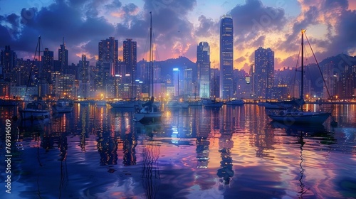 As the sun sets the city skyline transforms into a glowing display of lights casting a warm glow over the surrounding water. In the foreground a of boats and yachts float