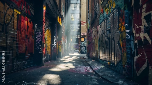 Narrow winding streets lined with graffiticovered walls and intricately designed alleys form an urban labyrinth. Despite the shadows beams of sunlight break through illuminating