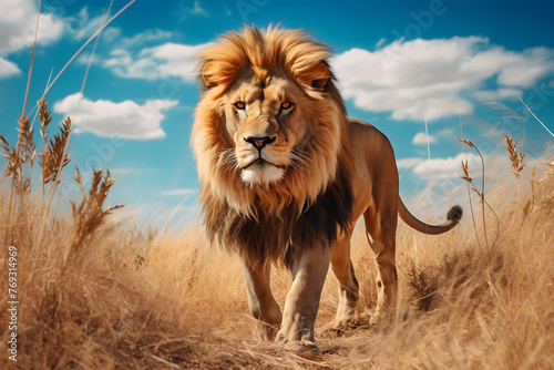 A magnificent lion strides through the golden grass of the savanna under the clear blue sky