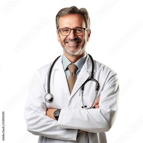 A smiling doctor with glasses and a white lab coat isolated on transparent background