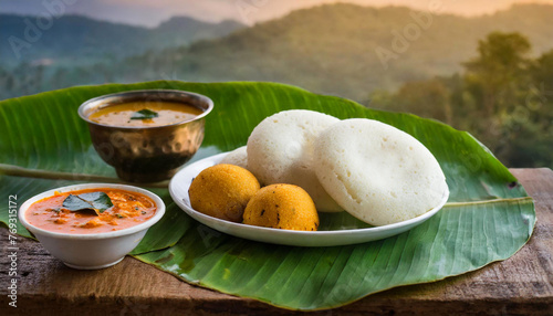 Idli and bonda served with sambar on banana leaf.