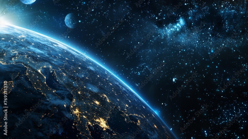 Obraz premium The Earth as seen from space during the night, showcasing city lights, urban areas, and natural phenomena like auroras.