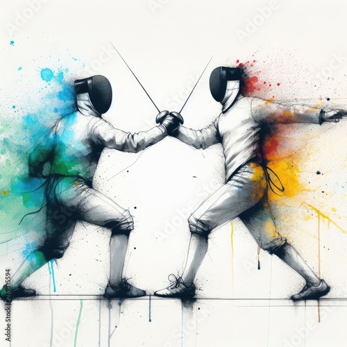 Fencer in watercolor paint illustration with Generative AI. photo