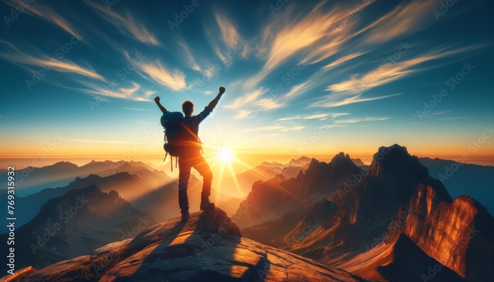 A hiker standing triumphantly on a mountain peak at sunrise, with a clear blue sky behind. - obrazy, fototapety, plakaty 