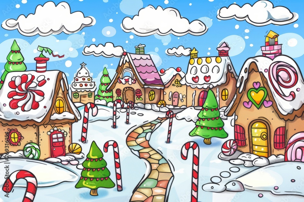 Cartoon cute doodles of a candy village where the houses are made of gingerbread and the streets are paved with candy canes, Generative AI