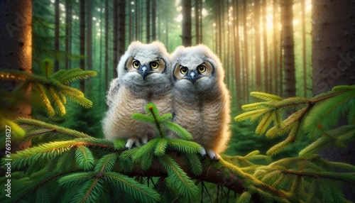 Two juvenile great horned owlets nestled together on a branch, their tufts just beginning to form. photo